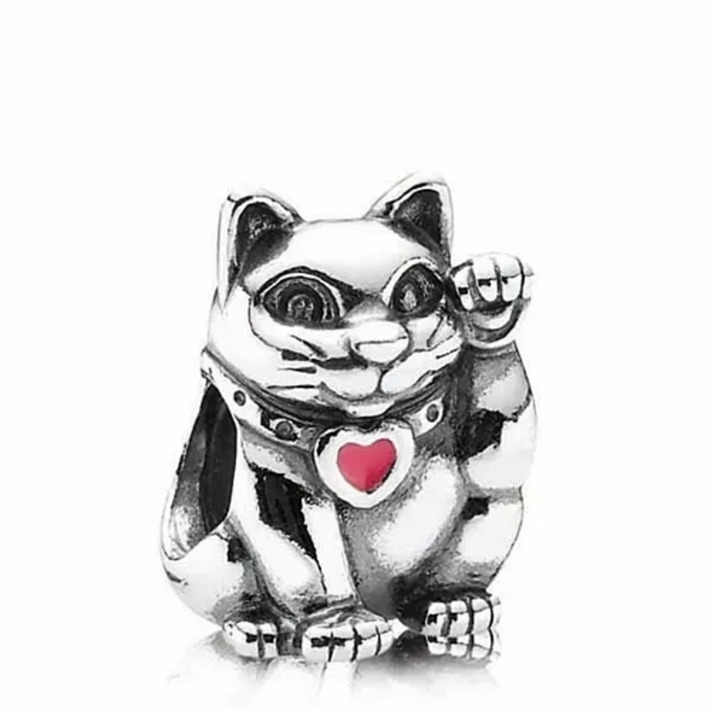 Pandors Sterling Silver Lucky Cat Charm with Pink Enamel Heart